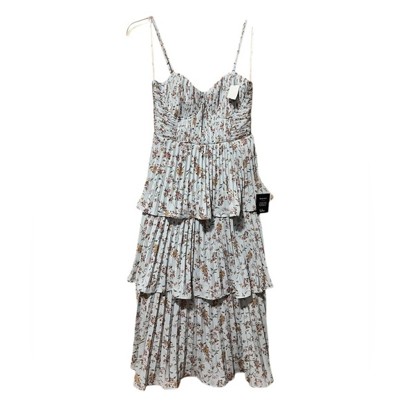 Lulus Cascading Crush Pale Blue Floral Print Tiered Bustier Midi Dress-Small - Picture 7 of 16